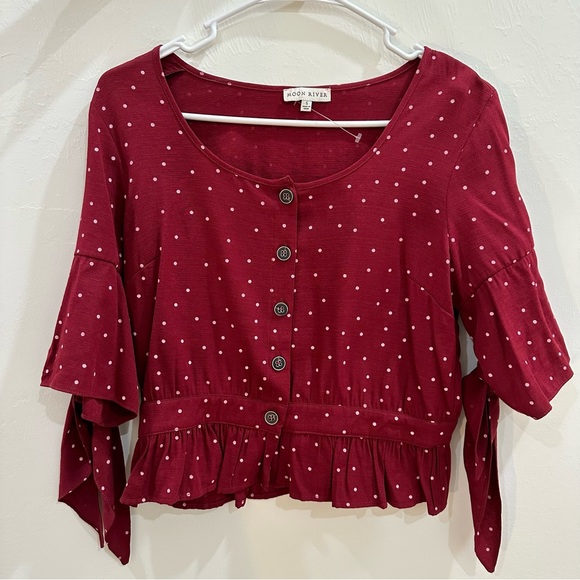 Maroon Button Up Polka Dot Top Size Small - Picture 2 of 4